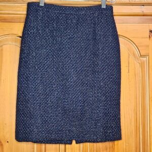 J Crew Blue/Black/Silver Wool Blend Plaid Tweed Pencil Knee Length Skirt Size 0